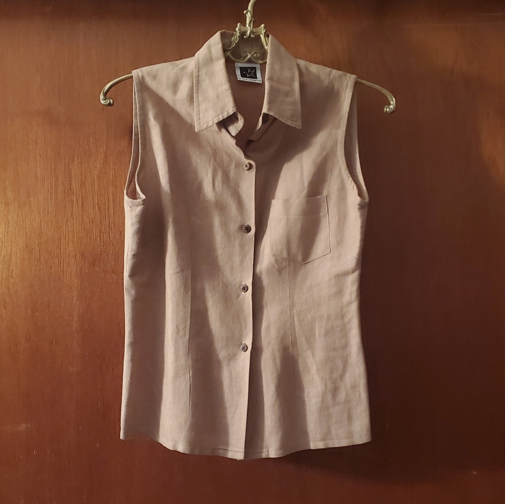Tan Linen Button Down Sleeveless Shirt